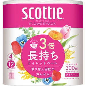 日本製紙クレシア　スコッティ　フラワーパック　３倍長持ち　ダブル　芯あり　７５ｍ　香り付き　１セット（４８ロール：４ロール×１２パック）1