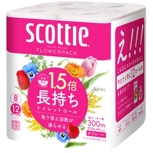 日本製紙クレシア　スコッティ　フラワーパック　１．５倍長持ち　ダブル　芯あり　３７．５ｍ　香り付き　１セット（６４ロール：８ロール×８パック）2