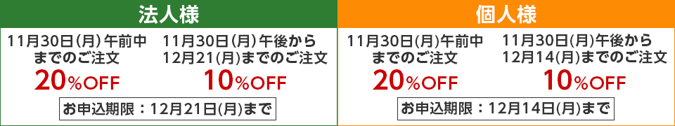 法人のお客様は11月29日(金)午前中までのご注文で20%OFF!11月29日(金)午後より12月20日(金)までのご注文で10%OFF!、個人のお客様は11月29日(金)午前中までのご注文で20%OFF!11月29日(金)午後より12月12日(木)までのご注文で10%OFF!