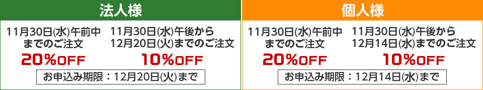 法人のお客様は11月30日(水)午前中までのご注文で20%OFF!11月30日(水)午後より12月20日(月)までのご注文で10%OFF!、個人のお客様は11月30日(水)午前中までのご注文で20%OFF!11月30日(水)午後より12月14日(水)までのご注文で10%OFF!