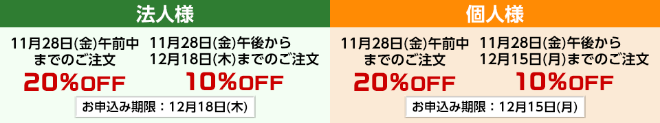 法人のお客様は11月28日(金)午前中までのご注文で20%OFF!11月28日(金)午後より12月18日(木)までのご注文で10%OFF!、個人のお客様は11月28日(木)午前中までのご注文で20%OFF!11月28日(木)午後より12月15日(月)までのご注文で10%OFF!