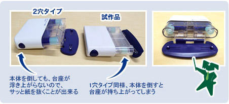 2穴タイプ:本体を倒しても、台座が浮き上がらないので、サッと紙を抜くことが出来る。　試作品：1穴タイプ同様、本体を倒すと台座が持ち上がってしまう。　台座部分を後方に少し大きくし本体部分だけを倒すことが出来るように調整