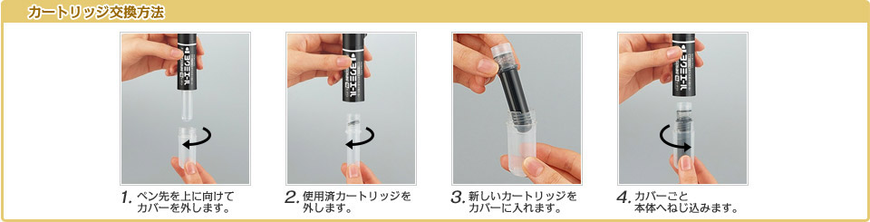 カートリッジ交換方法 1.ペン先を上に向けて外します。 2.使用済カートリッジを外します。 3.新しいカートリッジをカバーに入れます。 4.カバーごと本体へねじ込みます。" title="カートリッジ交換方法 1.ペン先を上に向けて外します。 2.使用済カートリッジを外します。 3.新しいカートリッジをカバーに入れます。 4.カバーごと本体へねじ込みます。