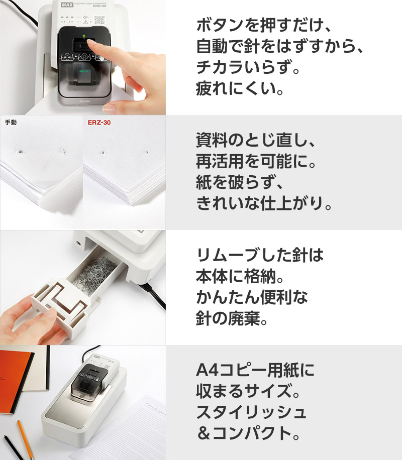 リムーブした針は本体に格納。針の廃棄がかんたん。A4コピー用紙に収まるコンパクトサイズ。
