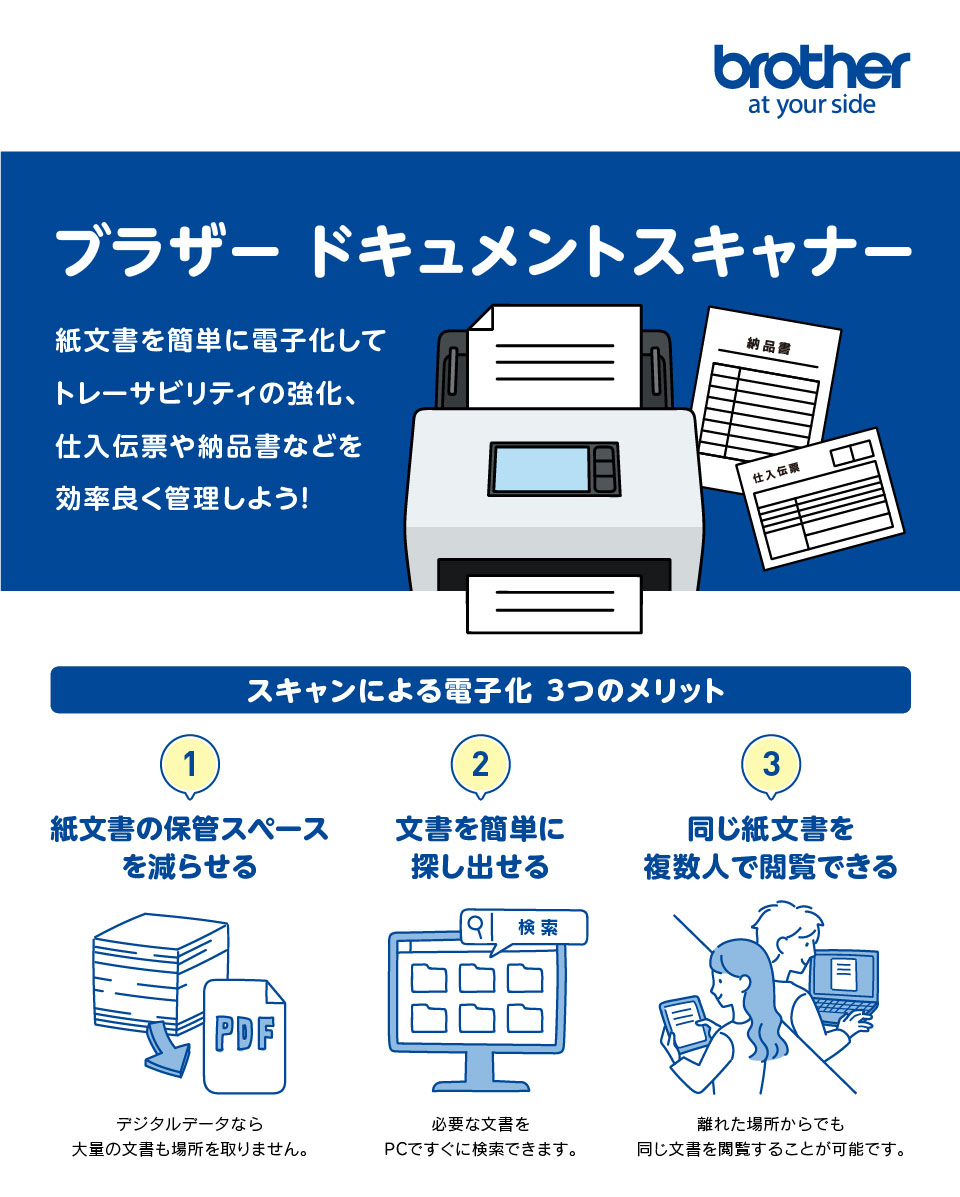 ブラザー ドキュメントスキャナー 紙文書を簡単に電子化して、トレーサビリティの強化、仕入伝票や納品書などを効率良く管理しよう！