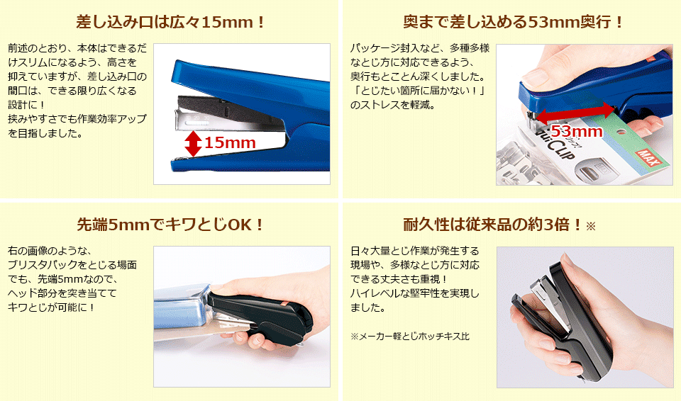 差し込み口は広々15ｍｍ！奥まで差し込める53ｍｍ奥行！先端5ｍｍでキワとじOK！耐久性は従来品の約3倍！