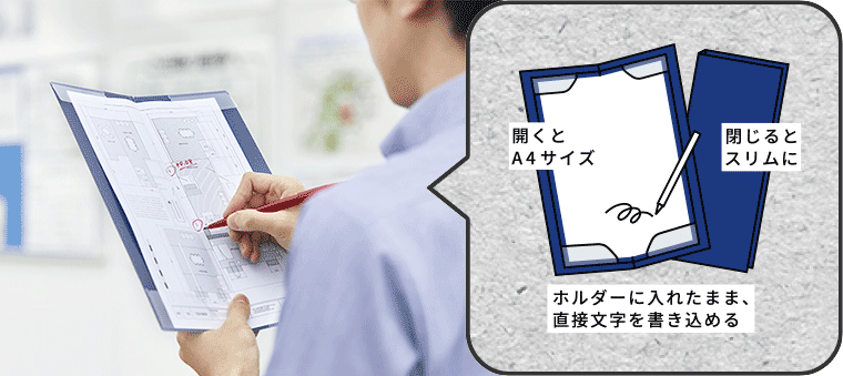 開くとA4サイズ、閉じるとスリムになります。ホルダーに入れたまま、直接文字を書き込めます。