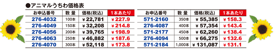 アニマルうちわ価格表（税込）
