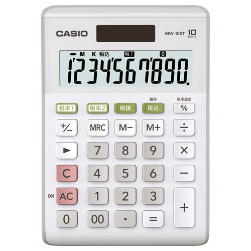 【クリックで詳細表示】カシオ W税率電卓 10桁 ミニジャストタイプ ホワイト MW-100T-WE-N 1台 MW-100T-WE-N