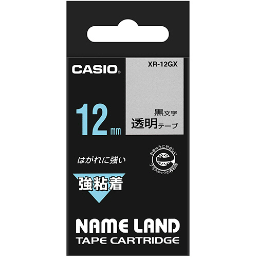 【クリックでお店のこの商品のページへ】カシオ NAME LAND 強粘着テープ 12mm×5.5m 透明/黒文字 XR-12GX 1個 XR-12GX