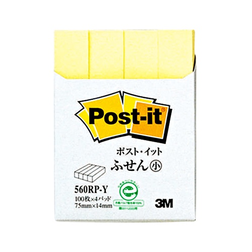 ３Ｍ　ポスト・イット　ふせん小　再生紙　７５×１４ｍｍ　イエロー　５６０ＲＰ－Ｙ　１パック（４冊）1
