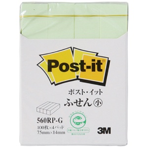 ３Ｍ　ポスト・イット　ふせん小　再生紙　７５×１４ｍｍ　グリーン　５６０ＲＰ－Ｇ　１パック（４冊）1