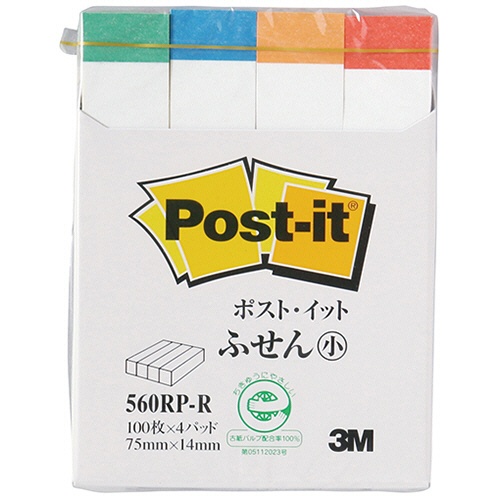 ３Ｍ　ポスト・イット　ふせん小　再生紙　７５×１４ｍｍ　ホワイト（４色帯入）　５６０ＲＰ－Ｒ　１パック（４冊）1
