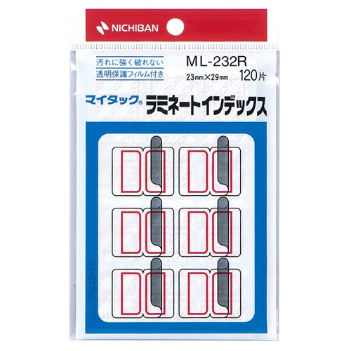 ニチバン　マイタック　ラミネートインデックス　保護フィルム付　中　２３×２９ｍｍ　赤枠　ＭＬ－２３２Ｒ　１パック（１２０片：１２片×１０シート）1