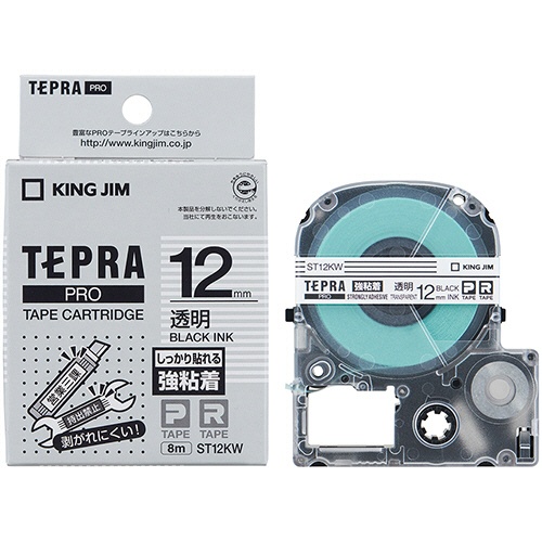 キングジム　テプラ　ＰＲＯ　テープカートリッジ　強粘着　１２ｍｍ　透明／黒文字　ＳＴ１２ＫＷ　１個3
