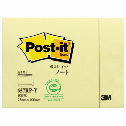 ３Ｍ　ポスト・イット　ノート　再生紙スタンダードカラー　７５×１００ｍｍ　イエロー　６５７ＲＰ－Ｙ　１冊1
