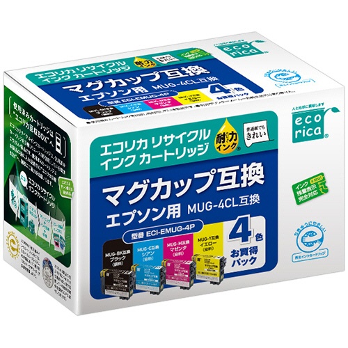 エコリカ　リサイクルインクカートリッジ　４色パック　［エプソン：ＭＵＧ－４ＣＬ／マグカップ互換］　ＥＣＩ－ＥＭＵＧ－４Ｐ　１箱（４個：各色１個）1