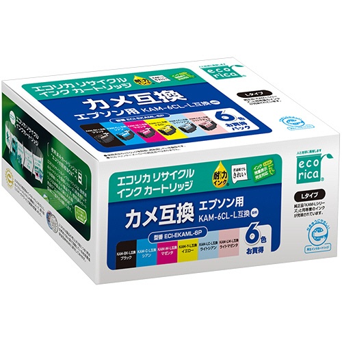 エコリカ　リサイクルインクカートリッジ　６色パック（染料）　［エプソン：ＫＡＭ－６ＣＬ－Ｌ／カメ互換］　ＥＣＩ－ＥＫＡＭＬ－６Ｐ　１箱（６個：各色１個）1