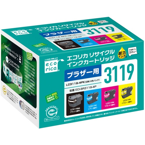 エコリカ　リサイクルインクカートリッジ　４色パック（顔料）　［ブラザー：ＬＣ３１１９－４ＰＫ互換］　ＥＣＩ－ＢＲ３１１９－４Ｐ　１箱（４個：各色１個）2
