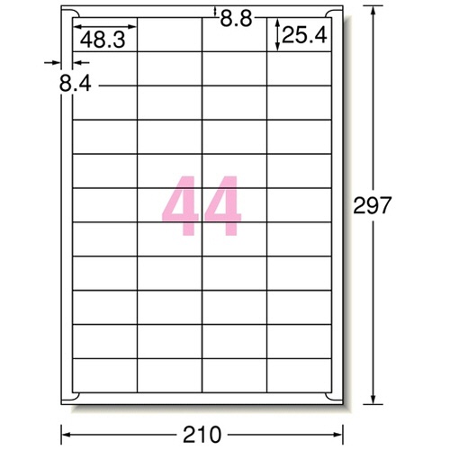 エーワン　ラベルシール［インクジェット］　マット紙・ホワイト　Ａ４　４４面　４８．３×２５．４ｍｍ　四辺余白付　２８９４４　１冊（１００シート）2