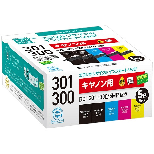 エコリカ　リサイクルインクカートリッジ　５色パック　［キヤノン：ＢＣＩ－３０１＋３００／５ＭＰ互換］　ＥＣＩ－Ｃ３０１－５Ｐ　１箱（５個：各色１個）1