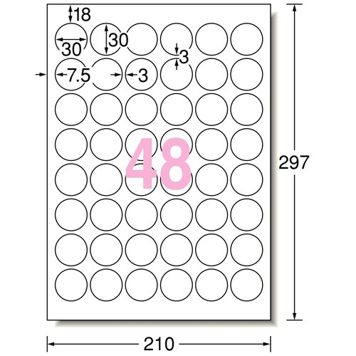 エーワン　ラベルシール［インクジェット］　超耐水マット紙・ホワイト　Ａ４　４８面　丸型３０ｍｍφ　６２４４８　１冊（２０シート）2