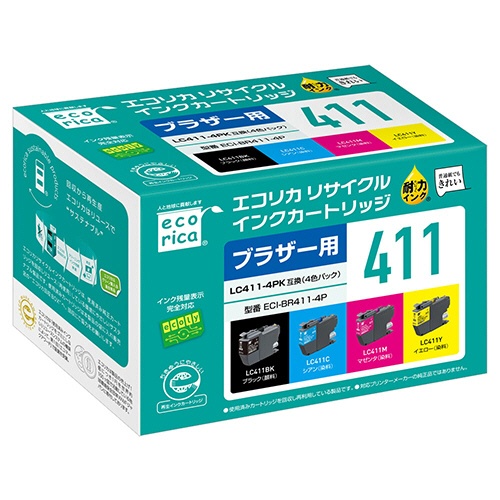 エコリカ　リサイクルインクカートリッジ　４色パック　［ブラザー：ＬＣ４１１－４ＰＫ互換］　ＥＣＩ－ＢＲ４１１－４Ｐ　１箱（４個：各色１個）1