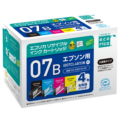 エコリカ　リサイクルインクカートリッジ　４色パック（顔料）　［エプソン：ＩＢ０７ＣＬ４Ｂ／マウス互換］　ＥＣＩ－ＥＩＢ０７Ｂ－４Ｐ　１箱（４個：各色１個）1
