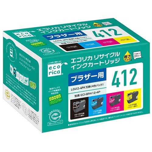エコリカ　リサイクルインクカートリッジ　４色パック（顔料）　［ブラザー：ＬＣ４１２－４ＰＫ互換］　ＥＣＩ－ＢＲ４１２－４Ｐ　１箱（４個：各色１個）1
