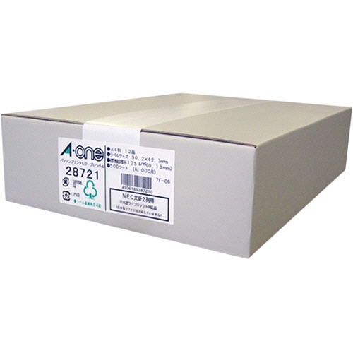 エーワン　パソコンプリンタ＆ワープロラベルシール［兼用］　マット紙・ホワイト　Ａ４　ＮＥＣタイプ２列用　１２面　９０．２×４２．３ｍｍ　四辺余白付　２８７２１　１箱（５００シート）1