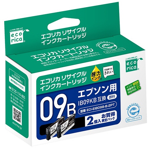 エコリカ　リサイクルインクカートリッジ　ブラック（顔料）　［エプソン：ＩＢ０９ＫＢ／電卓互換］　ＥＣＩ－ＥＩＢ０９Ｂ－Ｂ－２ＰＴ　１箱（２個）1
