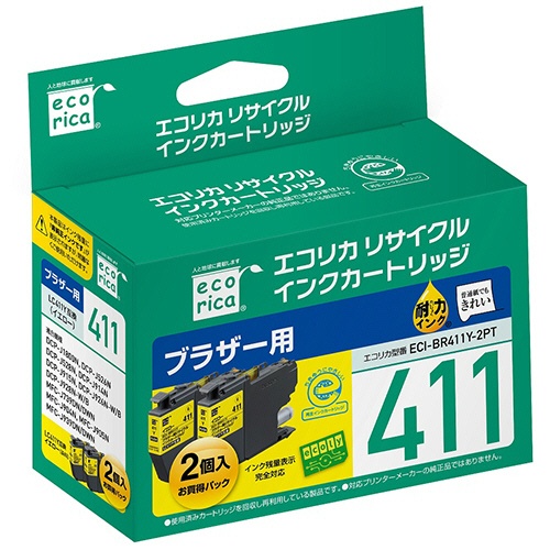 エコリカ　リサイクルインクカートリッジ　イエロー（染料）　［ブラザー：ＬＣ４１１Ｙ互換］　ＥＣＩ－ＢＲ４１１Ｙ－２ＰＴ　１箱（２個）1
