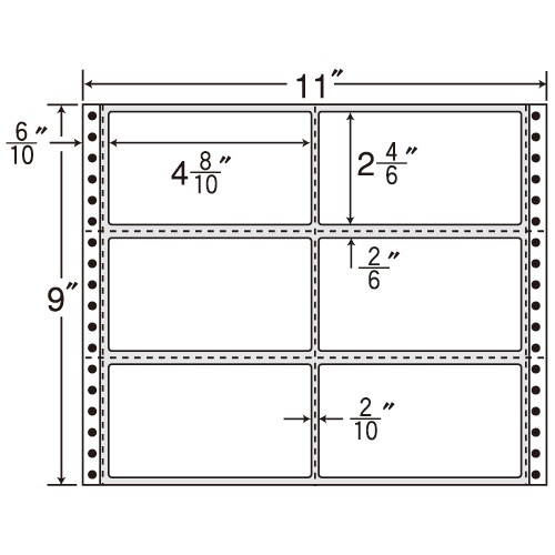 東洋印刷　ナナフォーム　連続ラベル　Ｍタイプ　１１×９インチ　６面　１２２×６８ｍｍ　荷札サイズ・横２本縦３本ミシン入　Ｍ１１Ｂ　１箱（５００折）1