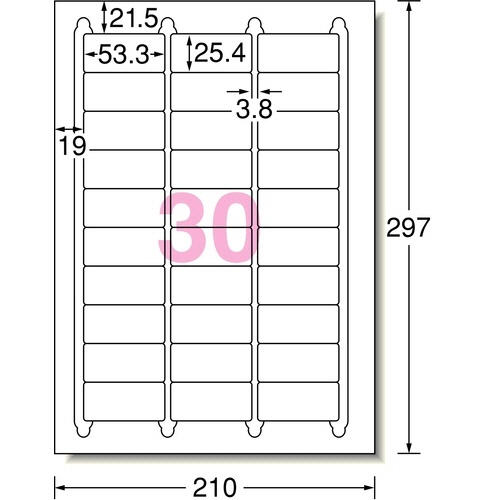 エーワン　ラベルシール［レーザープリンタ］　マット紙・ホワイト　Ａ４　３０面　５３．３×２５．４ｍｍ　四辺余白付　角丸　３１１４５　１冊（２０シート）2