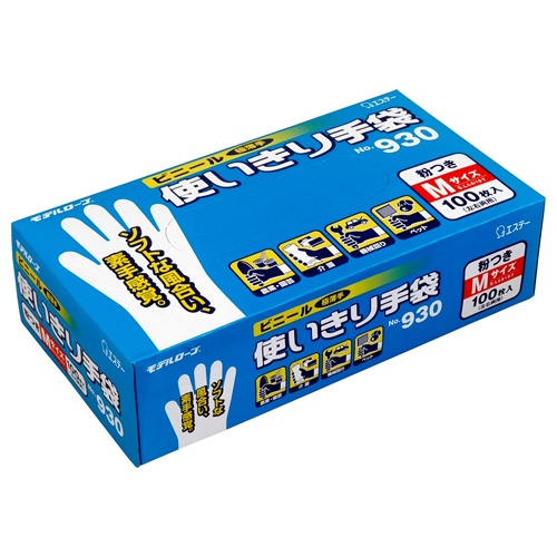 エステー　モデルローブ　Ｎｏ．９３０　ビニール使いきり手袋（粉付）　Ｍ　半透明　１箱（１００枚）1