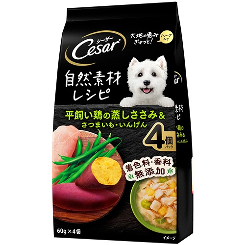 マース　ジャパン　リミテッド　シーザー　自然素材レシピ　平飼い鶏の蒸しささみ＆さつまいも・いんげん　６０ｇ／袋　１パック（４袋）1