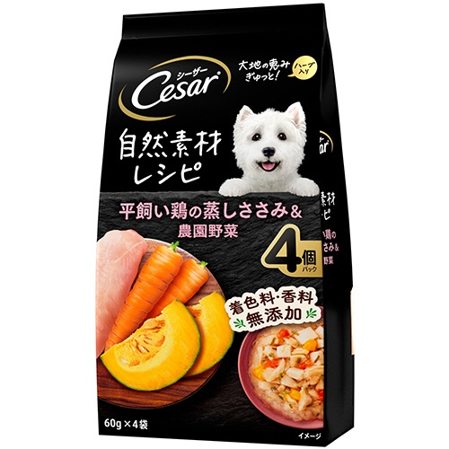 マース　ジャパン　リミテッド　シーザー　自然素材レシピ　平飼い鶏の蒸しささみ＆農園野菜　６０ｇ／袋　１パック（４袋）1
