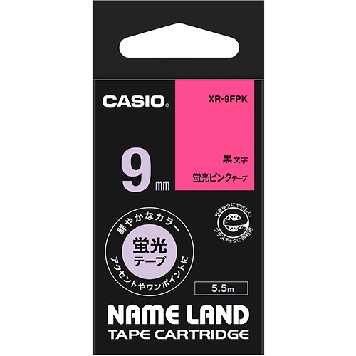 カシオ　ＮＡＭＥ　ＬＡＮＤ　蛍光テープ　９ｍｍ×５．５ｍ　蛍光ピンク／黒文字　ＸＲ－９ＦＰＫ　１個1