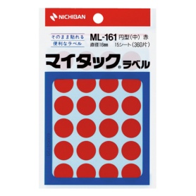 ニチバン　マイタック　カラーラベル　円型　直径１６ｍｍ　赤　ＭＬ－１６１１　１パック（３６０片：２４片×１５シート）