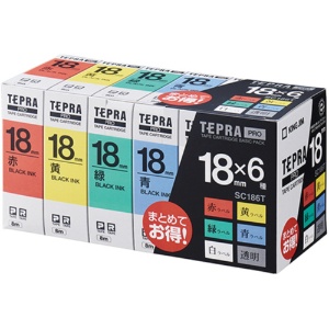 キングジム　テプラ　ＰＲＯ　テープカートリッジ　ベーシックパック　１８ｍｍ　赤・黄・緑・青・白・透明／黒文字　ＳＣ１８６Ｔ　１パック（６個：各色１個）3