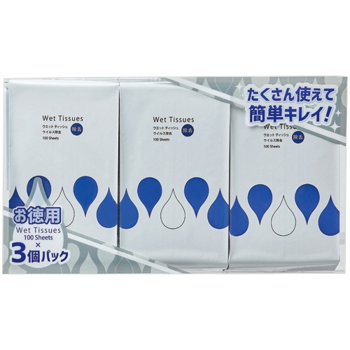 ＴＡＮＯＳＥＥ　アルコール除菌ウエットティッシュ　ウイルス除去用　ボトル詰替　１袋（３００枚：１００枚×３パック）1