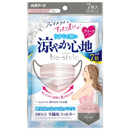 白元アース　ビースタイル　マスク　プリーツタイプ　涼やか心地　アッシュピンク×グレー　１パック（７枚）1