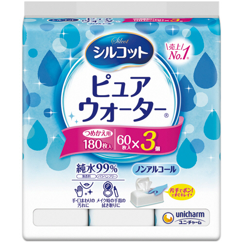 【クリックで詳細表示】ユニ・チャーム シルコットウェットティッシュ ピュアウォーター つめかえ用 1パック(180枚：60枚×3個) シルコピユアWカエ60X3