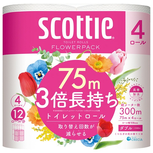 日本製紙クレシア　スコッティ　フラワーパック　３倍長持ち　ダブル　芯あり　７５ｍ　香り付き　１パック（４ロール）1