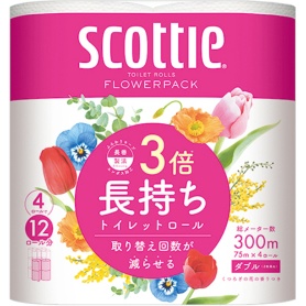 日本製紙クレシア　スコッティ　フラワーパック　３倍長持ち　ダブル　芯あり　７５ｍ　香り付き　１パック（４ロール）