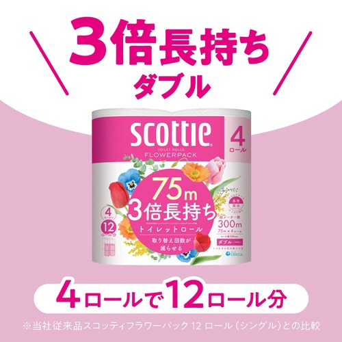 日本製紙クレシア　スコッティ　フラワーパック　３倍長持ち　ダブル　芯あり　７５ｍ　香り付き　１パック（４ロール）3