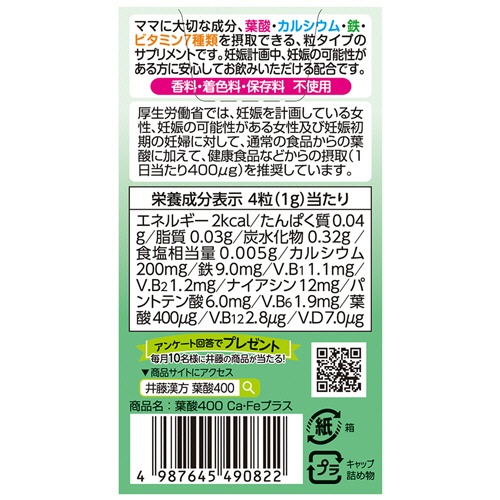 井藤漢方製薬　葉酸４００　Ｃａ・Ｆｅプラス　３０日分　１個（１２０粒）3