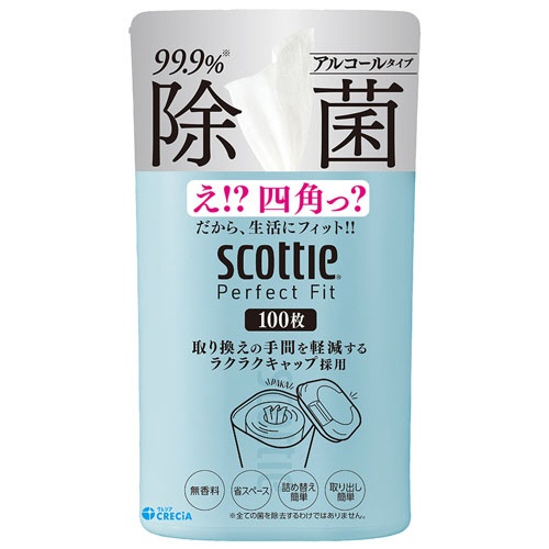 日本製紙クレシア　スコッティ　パーフェクトフィット　ウェットティシュー　除菌　アルコールタイプ　本体　ミストブルー　１個（１００枚）1