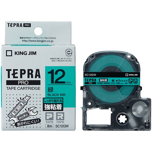 キングジム　テプラ　ＰＲＯ　テープカートリッジ　強粘着　１２ｍｍ　緑／黒文字　ＳＣ１２ＧＷ　１個3