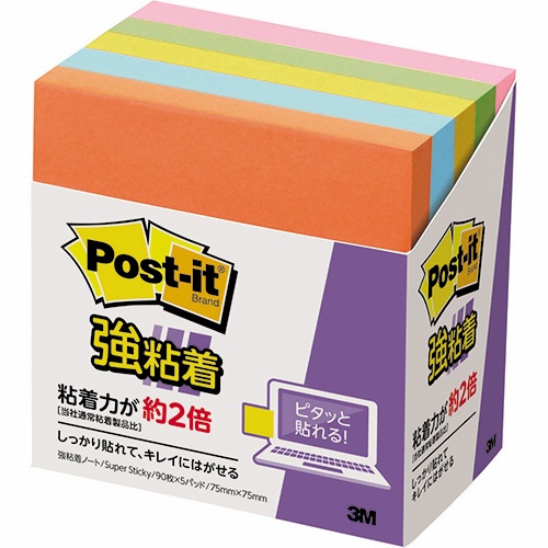 ３Ｍ　ポスト・イット　強粘着ノート　７５×７５ｍｍ　ネオンカラー５色　６５４－５ＳＳＡＮ　１パック（５冊）1
